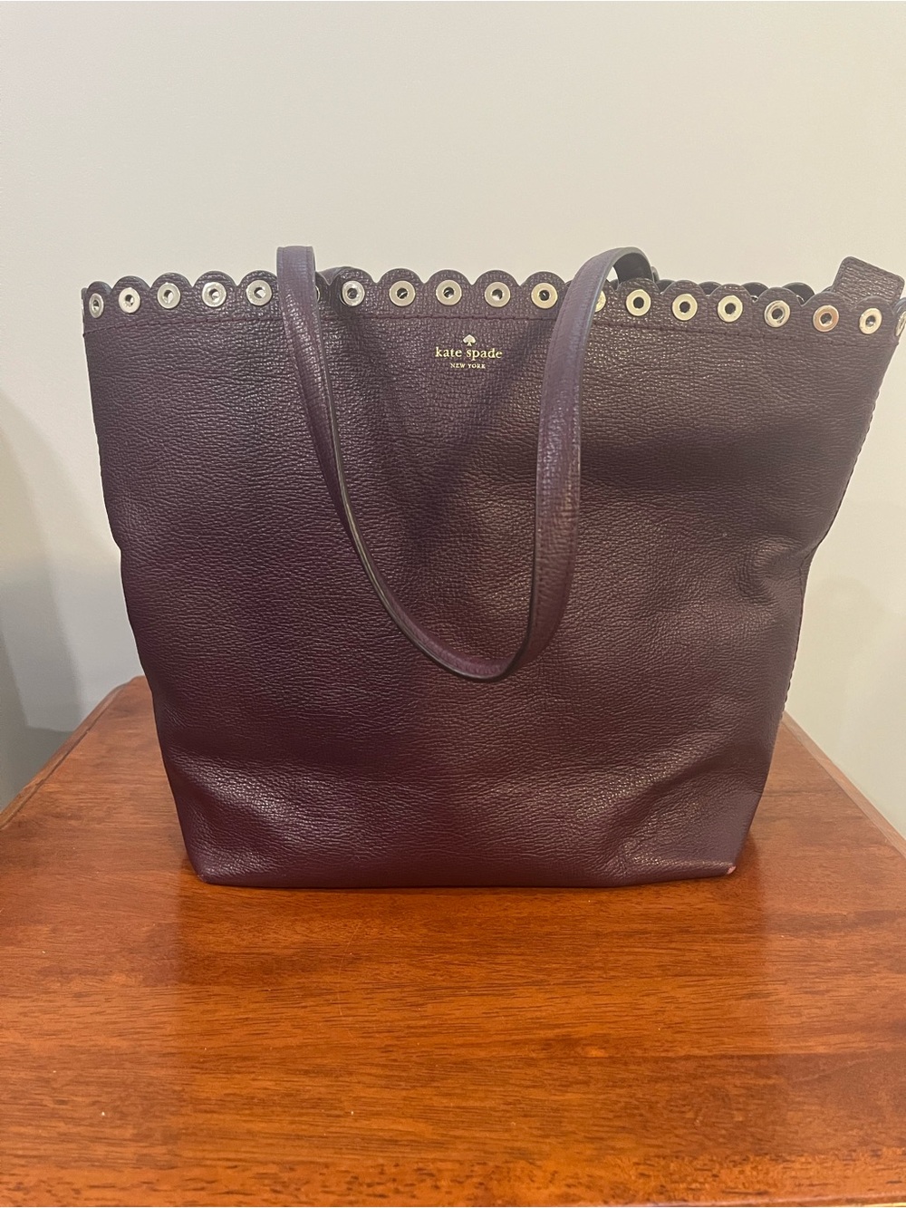 kate spade Deep Plum Pebbled Leather Tote with Grommet Trim